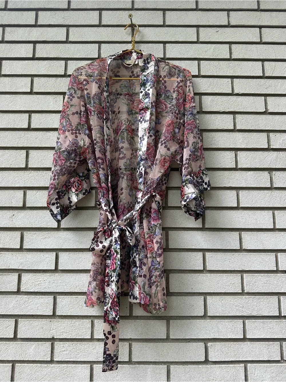 Vintage Victoria’s Secret Floral Sheer Chiffon Robe Kimono Wrap Belt One Size